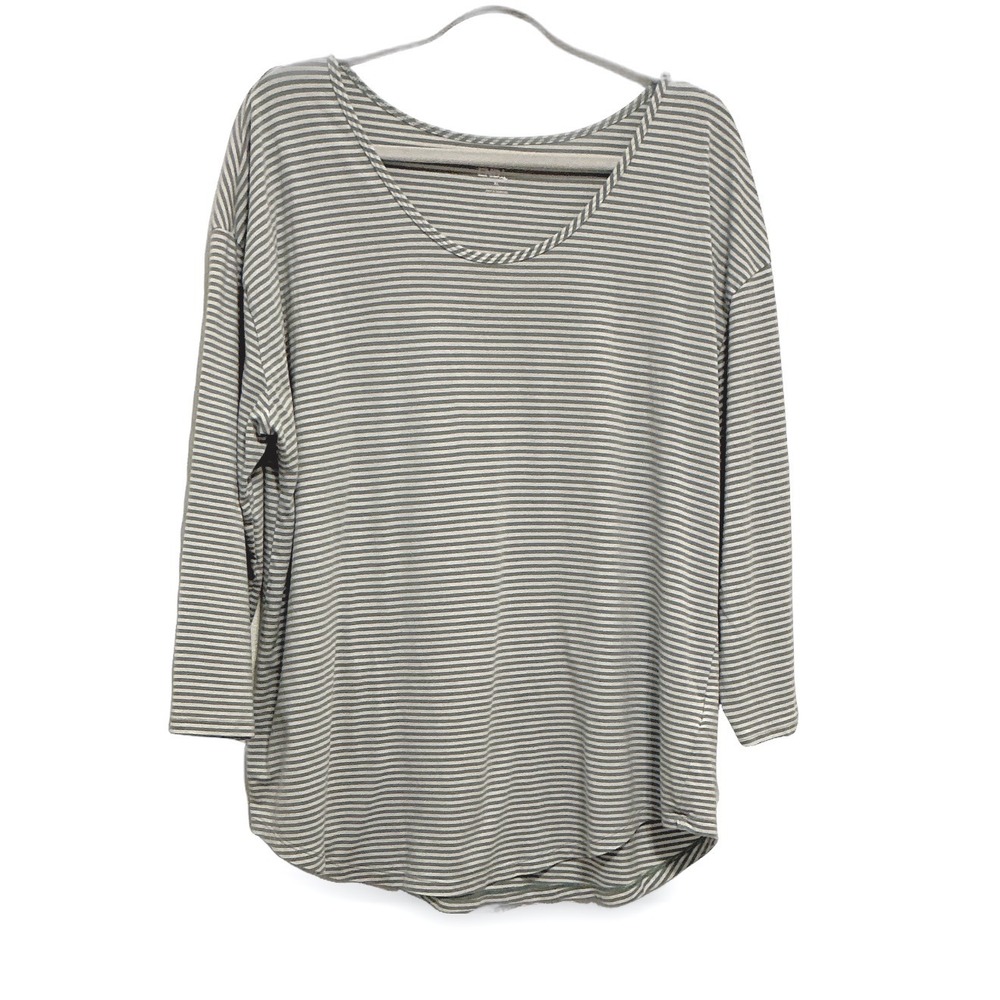 Lands End XL‎ Green White Striped 3/4 Sleeve Scoop Neck Knit Tee Soft Relaxed